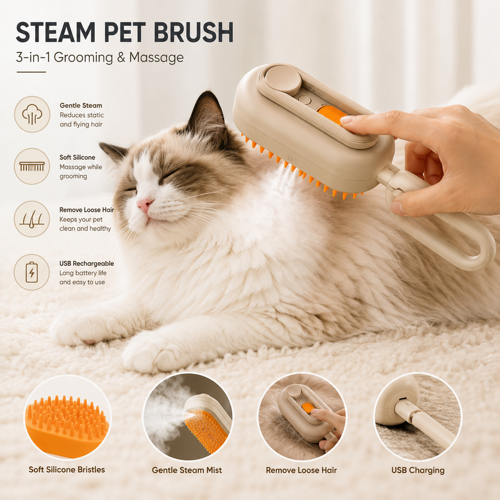 3-in-1 Steam Pet Grooming Brush - Removes Loose Hair & Massages Pets