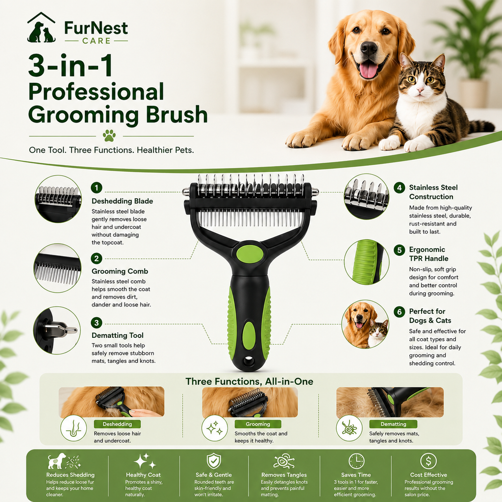 3-in-1 Pet Grooming Brush for Dogs &amp; Cats