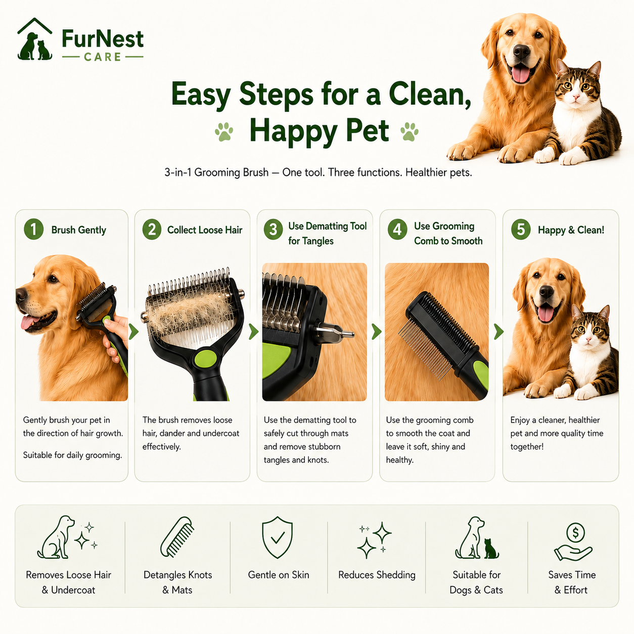 3-in-1 Pet Grooming Brush for Dogs &amp; Cats