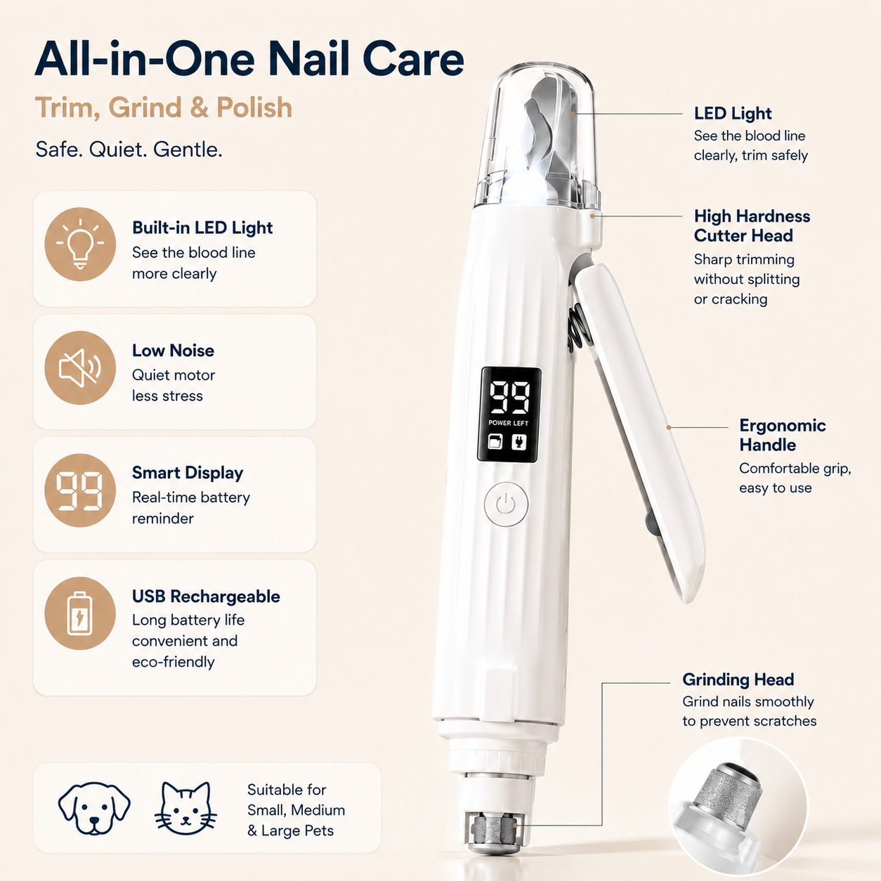 Rechargeable Pet Nail Grinder with LED Light