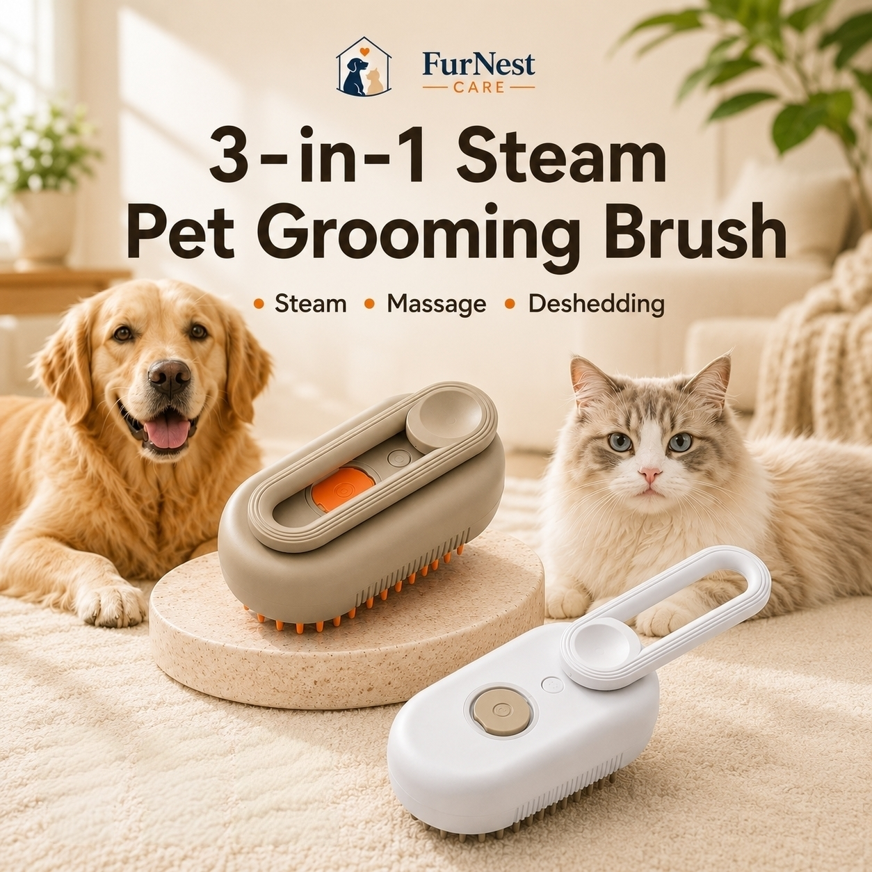 3-in-1 Steam Pet Grooming Brush | Steam, Massage & Deshedding