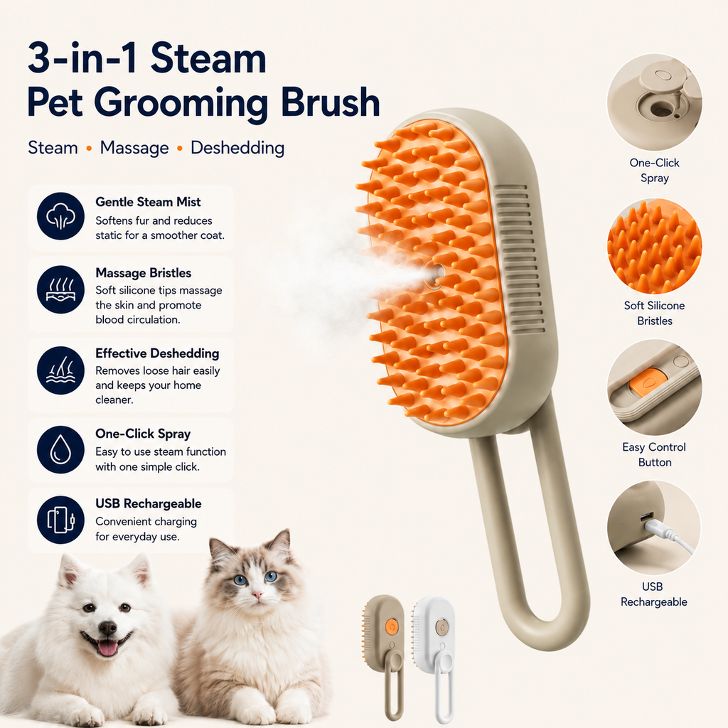3-in-1 Steam Pet Grooming Brush | Steam, Massage & Deshedding