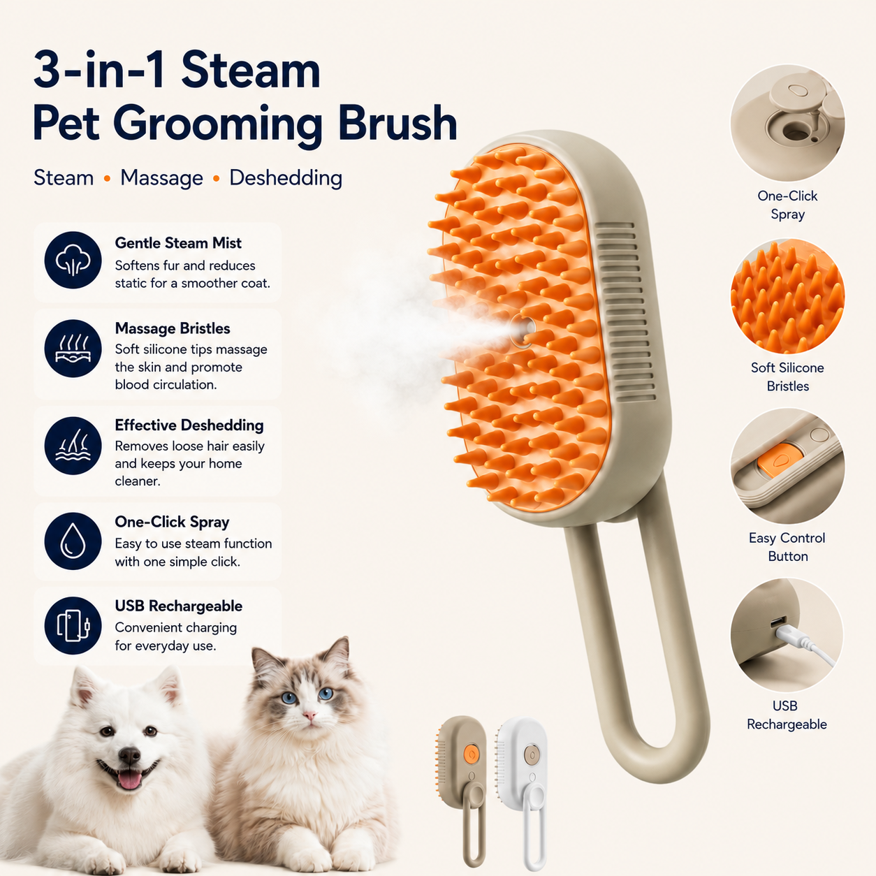 3-in-1 Steam Pet Grooming Brush | Steam, Massage & Deshedding